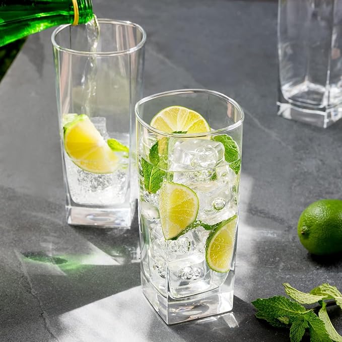 Le'raze Set of 4 Everyday Drinking Glasses - Square Tall Glass Cups Drinkware Kitchen Collins Glasses for Cocktail, Iced Coffee, Beer, Ice Tea, Wine, Whiskey, Water Glassware Sets - Image 2