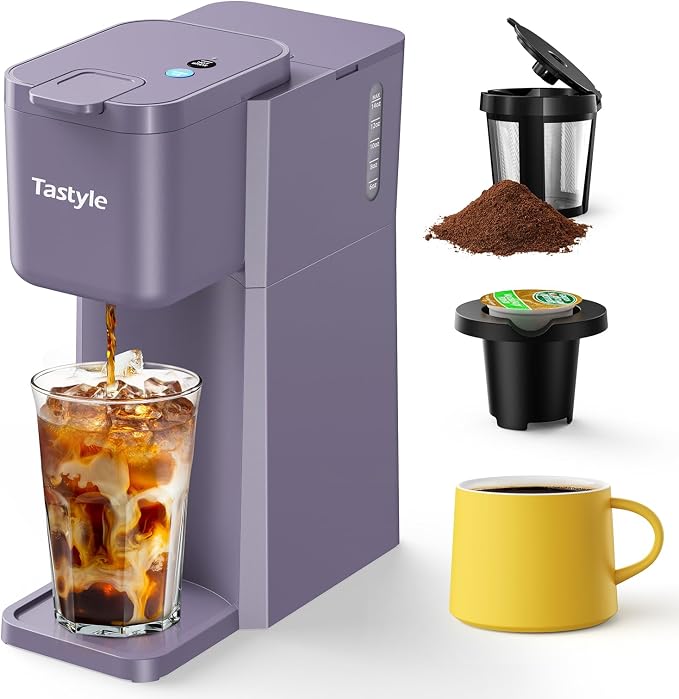 Tastyle Mini Single Serve Hot and Iced Coffee Maker for K Cup and Ground | 6 to14 Oz Brew Sizes, with Recipe Book, for Home, Travel, RV, Office and Dorm, 120V, K310IC, 2.0 version, Violet by Tastyle