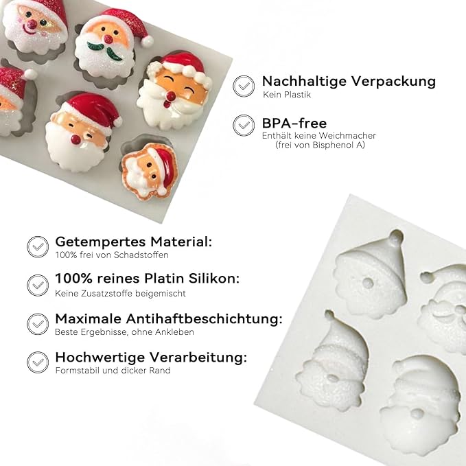 1 Pcs Santa Claus Christmas Silicone Molds for Chocolate 6-Cavities Candy Silicone Mold Ice Cube Molds for Dessert Soap Jello Ice Wax Melt Christmas Holiday Party Baking Cake Decor Mold