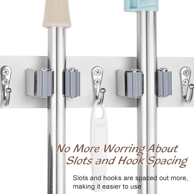 OUTNILI 2 Pack Mop Broom Holder Wall Mount - White Wood Broom Mop Hanger - Wall Mounted Garden Tool Rack Organizer for Closet Garage Laundry Room, 4 Slots & 4 Hooks - Image 4