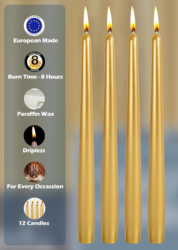 Hyoola Tall Taper Candles - 10 Inch Metallic Gold Dripless, Unscented Dinner Candle - Paraffin Wax with Cotton Wicks - 8 Hour Burn Time (Pack of 12) - Image 3