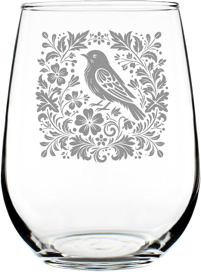Hand Engraved Bird Stemless Wine Glass, 17oz Etched Botanical Glassware, Folk Art Nature Lover Cottagecore by Make+Your+Mark+Design
