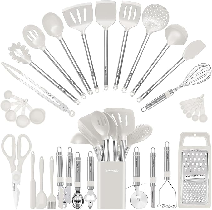 Kitchen Utensil Set-Silicone Cooking Utensils-33 Kitchen Gadgets & Spoons for Nonstick Cookware-Silicone and Stainless Steel Spatula Set-Best Kitchen Tools, Useful Pots (Cream White) by BESTZMWK