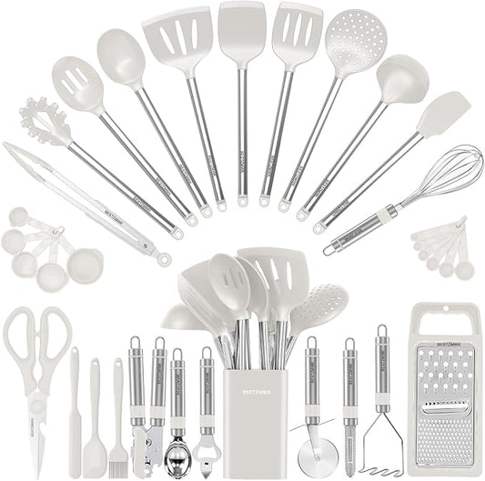 Kitchen Utensil Set-Silicone Cooking Utensils-33 Kitchen Gadgets & Spoons for Nonstick Cookware-Silicone and Stainless Steel Spatula Set-Best Kitchen Tools, Useful Pots (Cream White) by BESTZMWK