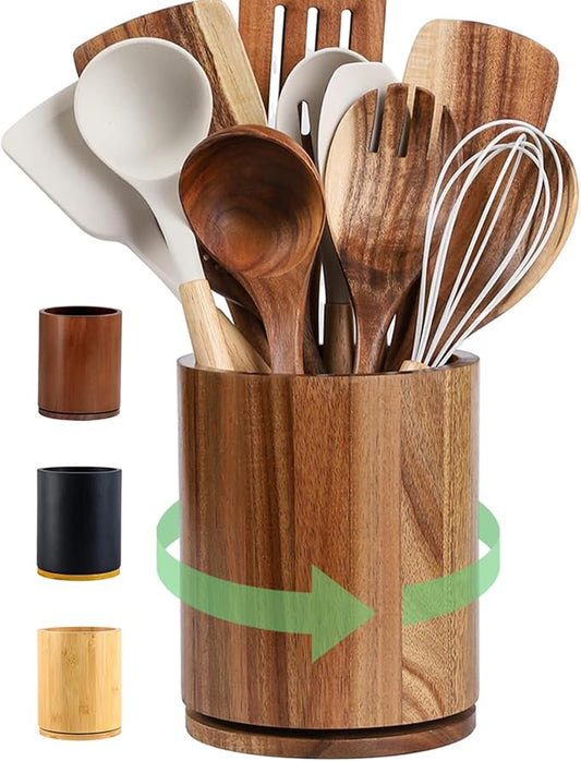 Acacia Wood Utensil Holder, 360° Rotating 7.3 in Kitchen Organizer | Rustic farmhouse countertop decor. Rotating base for easy access to spatulas, spoons, and cooking utensils. 7.3-inch capacity by Unknown