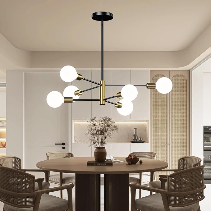 6-Light Black and Gold Mid Century Ceiling Chandelier Height Adjustable for Living Room, Kitchen, Dining Room, Bedroom,Foyer (Bulbs Not Included) - Image 6