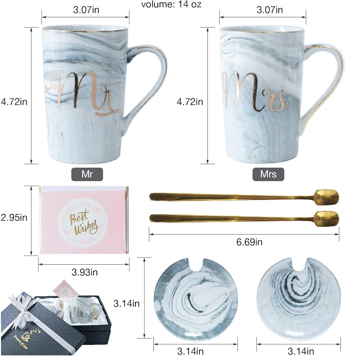 Jumway Mr and Mrs Coffee Mugs - Wedding Gifts - Mr and Mrs Mugs Set - for Bride and Groom - Gifts for Bridal Shower Engagement Wedding and Married Couples Anniversary - 14 Oz Grey - Image 2