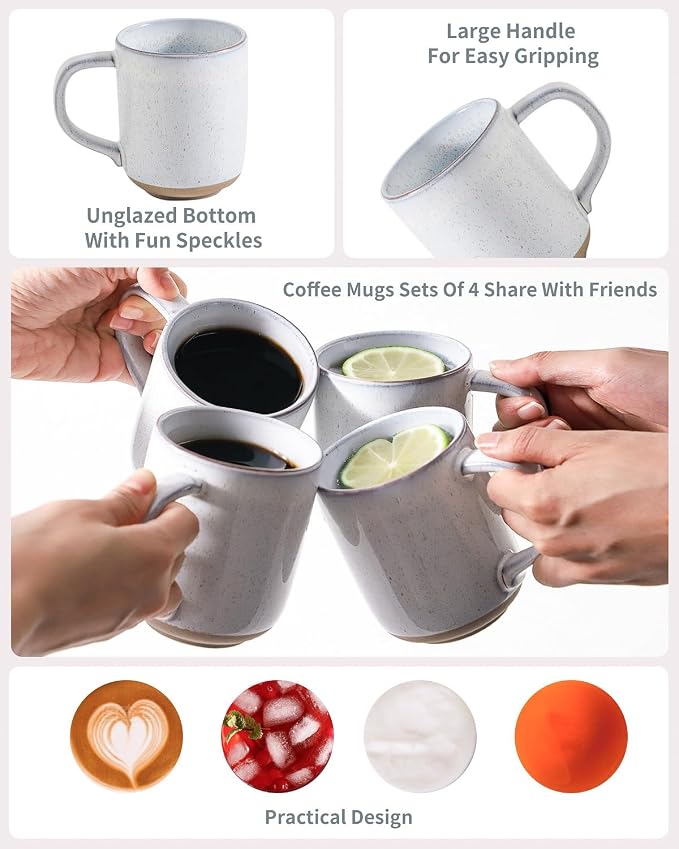 HASENSE Ceramic Coffee Mugs Set of 4, 14 oz Stoneware Coffee Cups with Handle and Speckle for Latte, Cappuccino, Cocoa, Tea and Milk, Microwave and Dishwasher Safe Cups for Men Women, Bluish White - Image 4