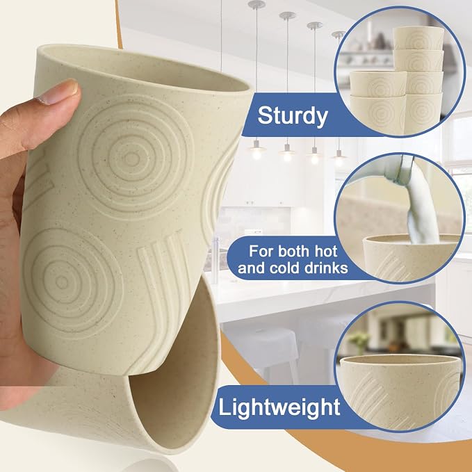 Wheat Straw Cups 6 PCS - 16 OZ Cup Set, Unbreakable Drinking Glasses, Kids Cup Set for Kitchen, Alternative to Plastic Cups Reusable Dishwasher Safe Water Tumbler (Beige) - Image 4