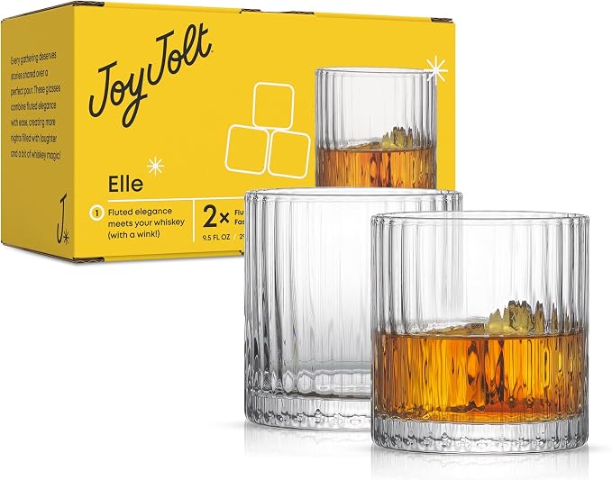 JoyJolt Elle 10oz Double Old Fashioned Whiskey Glasses - Set of 2, Lead-Free Glassware, Dishwasher Safe, Vintage Style Drinking Glasses by JoyJolt