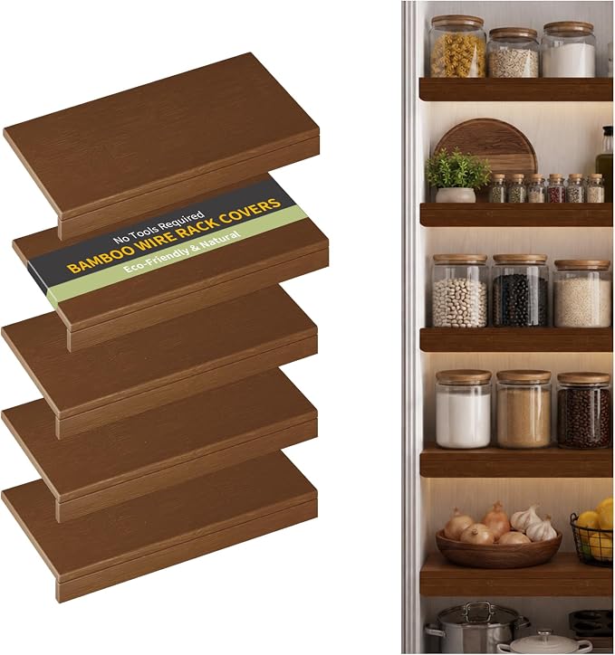Wire Shelf Covers, Bamboo Wire Rack Covers for Pantry, Closet，Kitchen (5pcs, 24" W x 12" D, Walnut) by ClimbHope