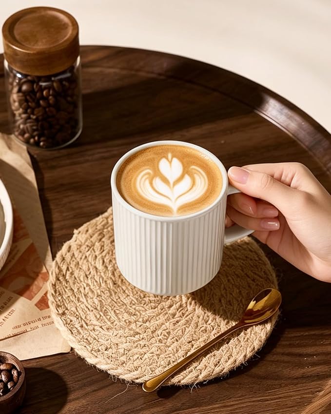 famiware Coffee Mug Set for 4, Star 12 oz Catering Mugs Cup Set with Handle for Coffee, Tea, Cocoa, Milk- Ceramic Stoneware Drinkware Set, Oat - Image 2