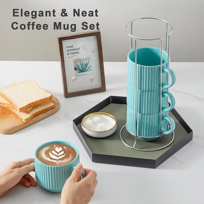 Hasense 15 oz Coffee Mug Set of 4 with Stand - Stackable Large Ceramic Ribbed Latte Cup Set for Cappuccino, Tea, Hot Cocoa, Drinks - Dishwasher & Microwave Safe, Turquoise - Image 5