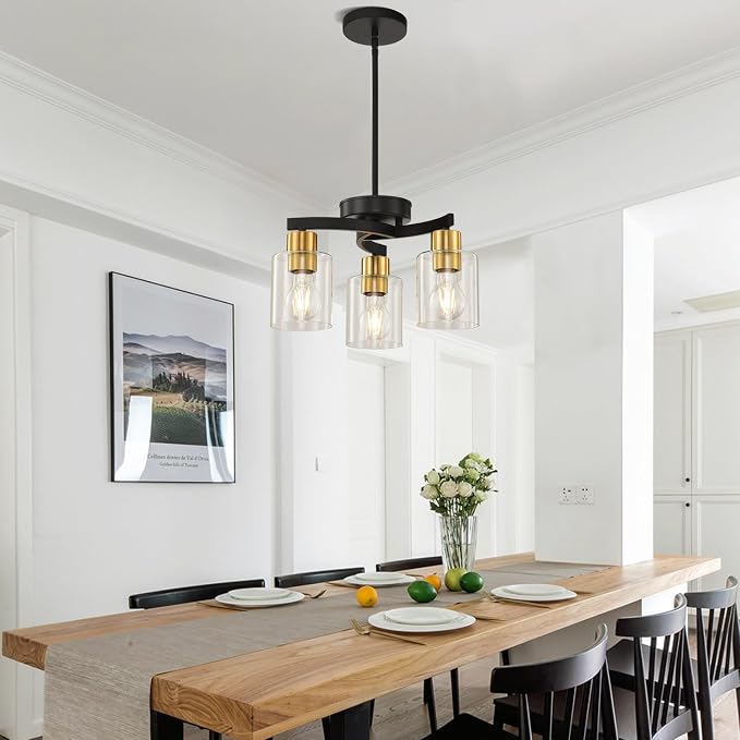 Black Brass Dining Room Chandelier, 3 Light Modern Industrial Pendant Light for Kitchen Island, Adjustable Height Ceiling Light with Clear Glass Shades,E26 Base,Dimmable - Image 5