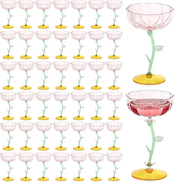 48 Pcs Pink Plastic Ribbed Coupe Glasses Detachable 7oz Flower Cocktail Glasses Modern Wavy Plastic Cocktail Coupes Disposable Martini Glasses Mimosa Glassware champagne goblets (48, PInk) by Unknown
