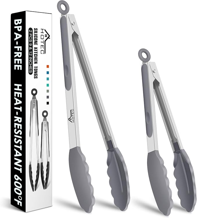 HOTEC Premium Stainless Steel Locking Kitchen Tongs with Silicon Tips, Set of 2-9" and 12" Light Grey by Hotec