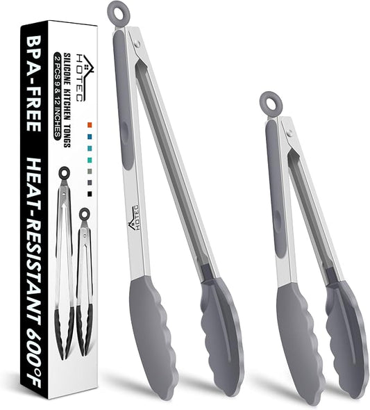 HOTEC Premium Stainless Steel Locking Kitchen Tongs with Silicon Tips, Set of 2-9" and 12" Light Grey by Hotec