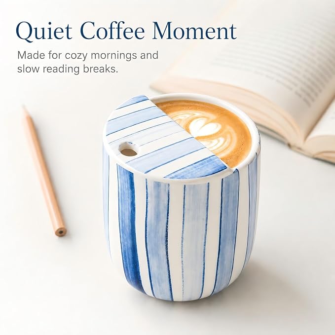 Ceramic Mug with Sip Hole 10 oz Novelty Blue Striped Ceramic Ice Coffee Mug Hand Painted Travel Mugs Heat Resistant Non Slip Built in One Lid Mugs for Coffee Lovers Appreciation Gift - Image 6