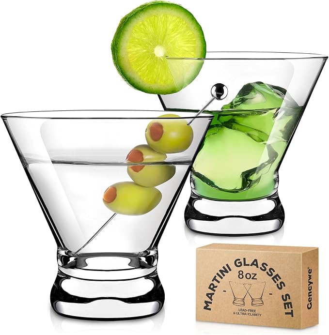 Gencywe 2 Pack Martini Glasses, 8 Ounce Crystal Cocktail Glasses, Martini Drinking Glasses, Hand Blown Stemless Cocktail Glassware for Bar, Martini, Cosmopolitan, Manhattan, Gimlet, Pisco Sour, Brandy by Gencywe