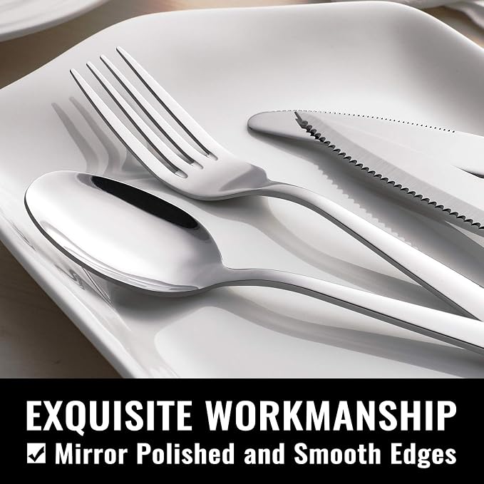 Hiware 24-Piece Silverware Set with Steak Knives, Stainless Steel Flatware Cutlery, Mirror Polished Flatware Serving Utensils Set for 4, Includes Forks Spoons Knives Silverware, Dishwasher Safe - Image 3