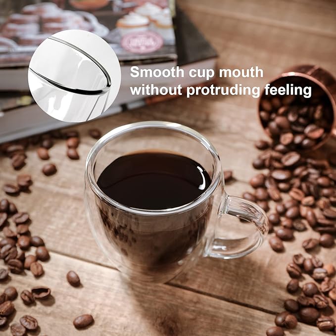 KitchenTour Insulated Coffee Mug 6 oz- Double Wall Glass Coffee Cup with Handle Set of 4 - Clear Glass Drinkware for Espresso，Cappuccino, Latte，Hot Beverages