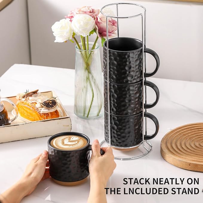 Nihow 16 Oz Ceramic Coffee Mug Set of 4 with Stackable Stand,Matte Black | Stackable, Stainless Stand Included, Cappuccino & Tea, Hot/Cold Drinks, Dishwasher & Microwave Safe - Image 5