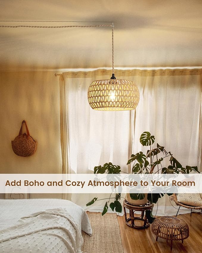 Rattan Boho Hanging Light,12.6'' Natural Hand Woven Fabric Drum Light,Plug Into Wall Outlet Pendant Light Fixture On/Off Switch for Dining,Living Room,Bedroom,Kitchen,Hallway Entryway, Without Bulb - Image 5