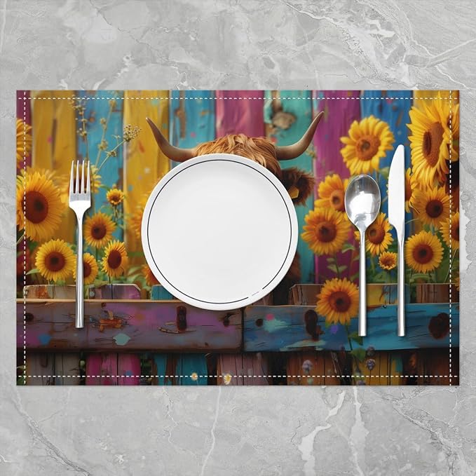 Feelyou Highland Cow Placemats for Dining Table Indoor Outdoor Kitchen 12"x18" Highland Cattle Placemats Set of 4 Sunflower Table Mats Placemat Farmhouse Decor Table Place Mats - Image 2