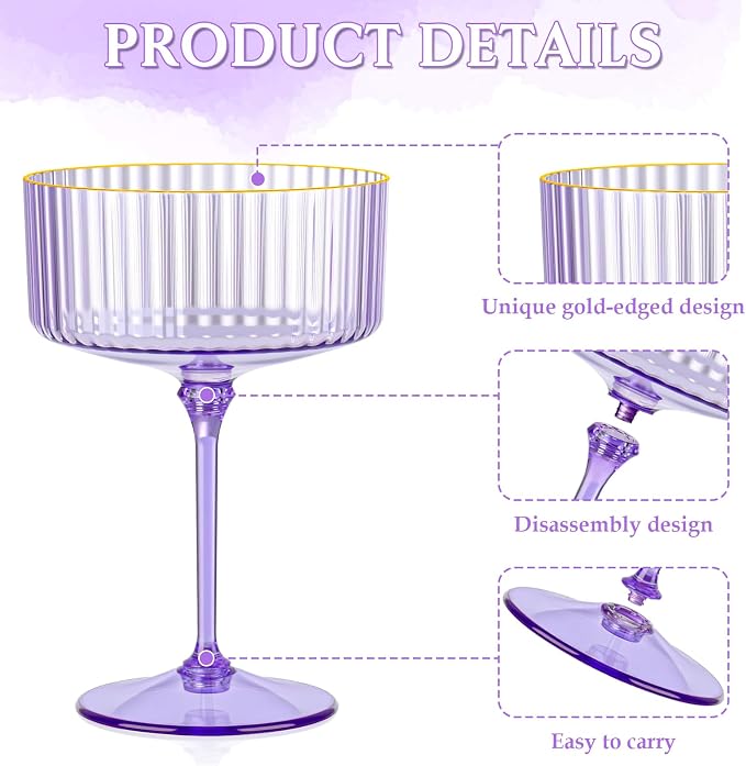12 PCS Ribbed Coupe Glasses Purple Plastic Champagne Coupe Cup 10oz Detachable Gold Rim Espresso Martini Glass Vintage Margarita Glassware Cocktail Glass Disposable for Halloween Bridal Showers - Image 6