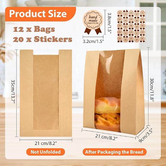 12 Pcs Bread Bags for Homemade, ROOKEA Sourdough Bread Bags with Window for Baked Paper Packaging with Sealing Stickers Bakery Cookie Food Snack Storage Large Kraft Paper 13.7x8.2x3.5 inch - Image 2