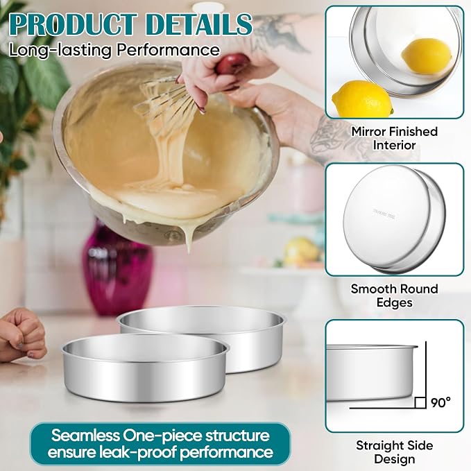 TeamFar 7 Inch Cake Pan Set of 2, Stainless Steel Round Cake Baking Pan | Layer Baking Tin for Birthday Wedding, Non-Toxic & Heavy-Duty, Mirror Finish & Leak Proof, Oven & Dishwasher Safe - Image 5