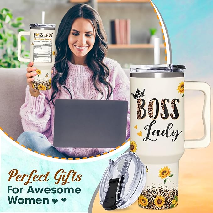 Boss Lady Tumbler 40oz with Handle - Sunflower Gifts for Women, Administrative Professional Day, Christmas - Thank You Gift for Manager