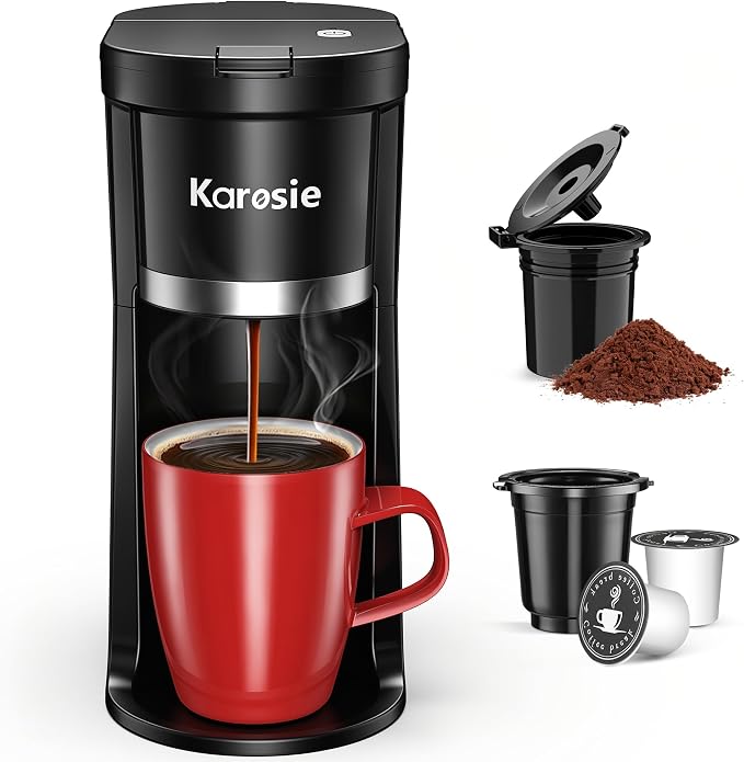 Small Single Serve Coffee Maker, Fast Brew for Pods & Ground Coffee, 6-12 Oz Brew Sizes, One-Button Single Cup Coffee Maker, Coffee Machine with Descaling Reminder,Black by Karosie