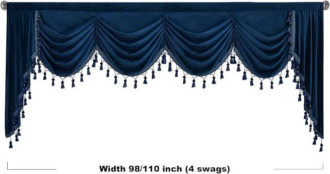 Extra Wide Navy Blue Velvet Curtain Valance W110 inches, 1 Panel | Luxury Tassel Waterfall Valance for Living Room, Rod Pocket Tier Half Window Drapes for Kitchen, Villa Hall - Image 4