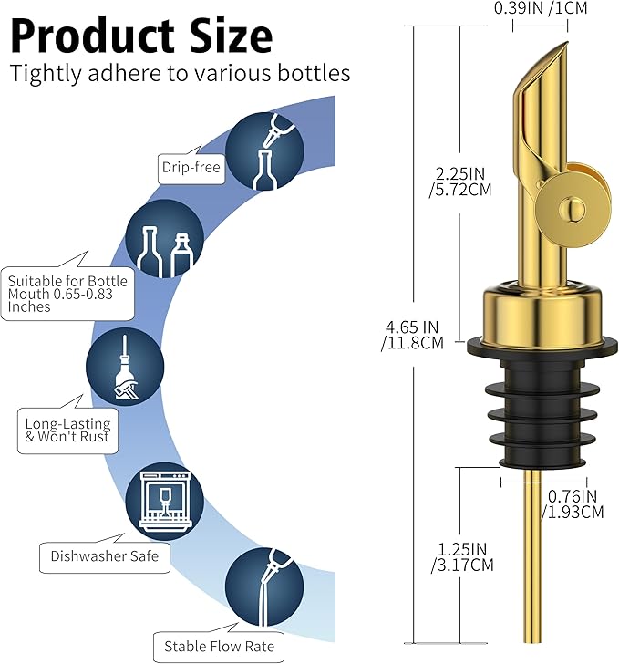 Auto Flip Liquor Pour Spouts 2-Pack, Leak-Proof 304 Stainless Steel Wine Pourer & Olive Oil Dispenser with Food-Grade Silicone for Kitchen, Bar, Restaurant (Gold)