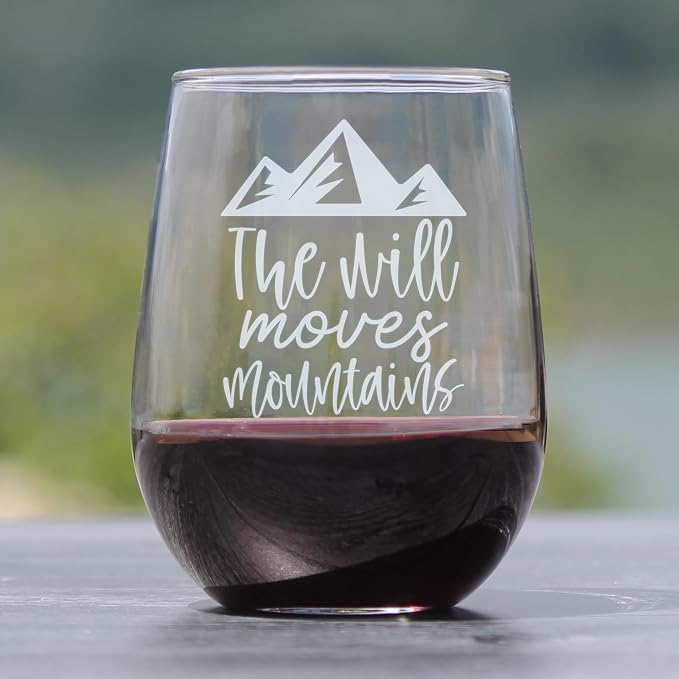 The Will Moves Mountains Stemless Wine Glass, Hand Engraved 17oz Etched Glassware, Motivational Mountain - Image 2