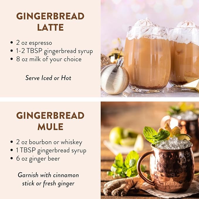 Gingerbread Simple Syrup for Coffee, Cocktails, Matcha - Sweetened with Agave Nectar - Infused with Real Gingerbread Spices - 13.5 oz