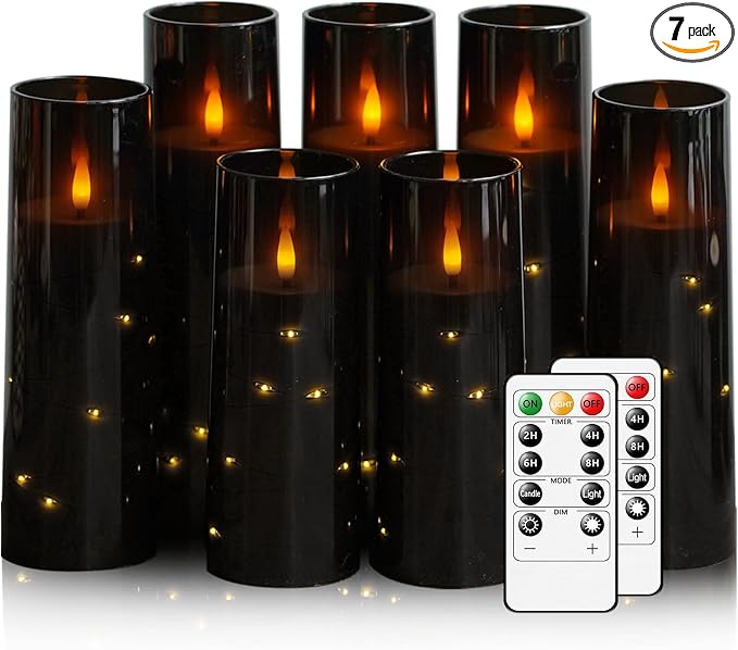 Flameless Candles,with Embedded Star String, Battery Operated Candles Flickering LED Pillar Candles with Remote Control and Timer, Home Decoration Add a Warm and Romantic Atmosphere，Set of 7 (Black) by sasigeiaa
