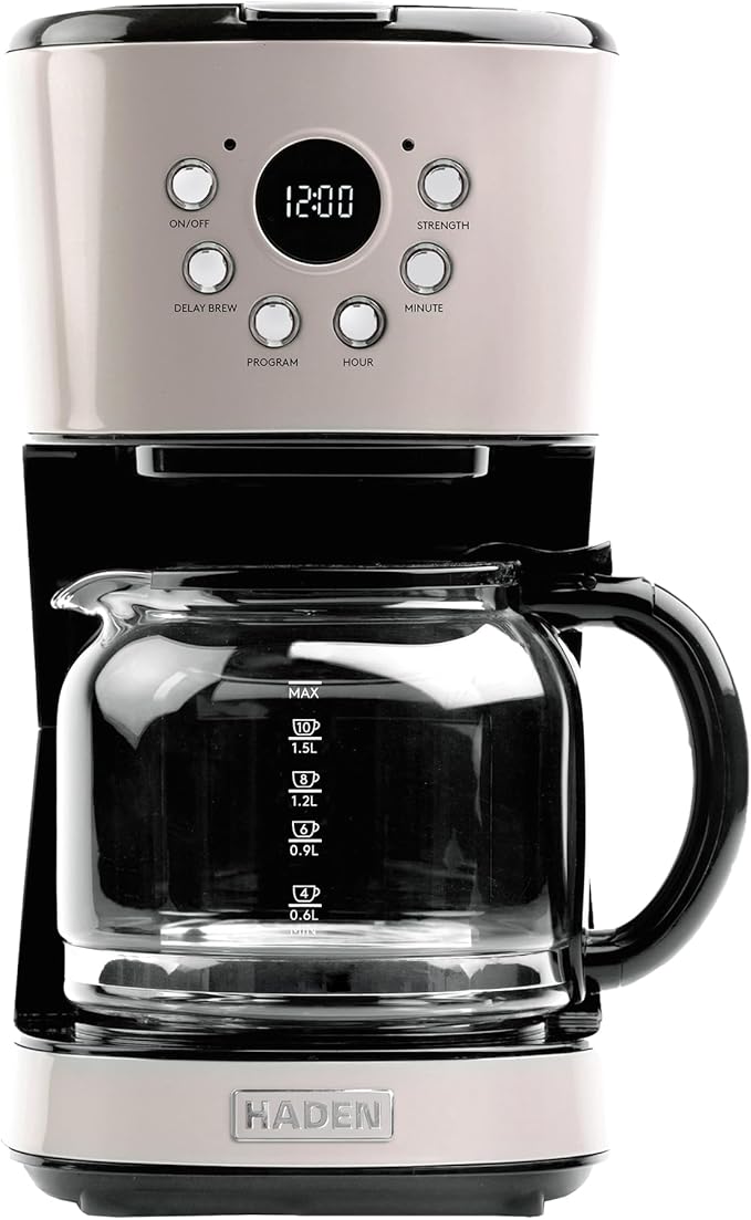 HADEN 12-Cup Programmable Coffee Maker for Home or Office, Putty & Chrome – Drip Brewer Machine with Brew Strength, Delay Brewing, Auto Shut-Off and Reusable Washable Water Filter by Unknown