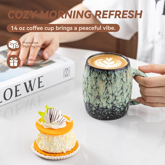 Sage Nebula Ceramic Coffee Mug - 14 oz Unique Mug with Large Handle, Barrel Cute Mug for Women Men, Coffee Cup Gift for Home Office - Image 5
