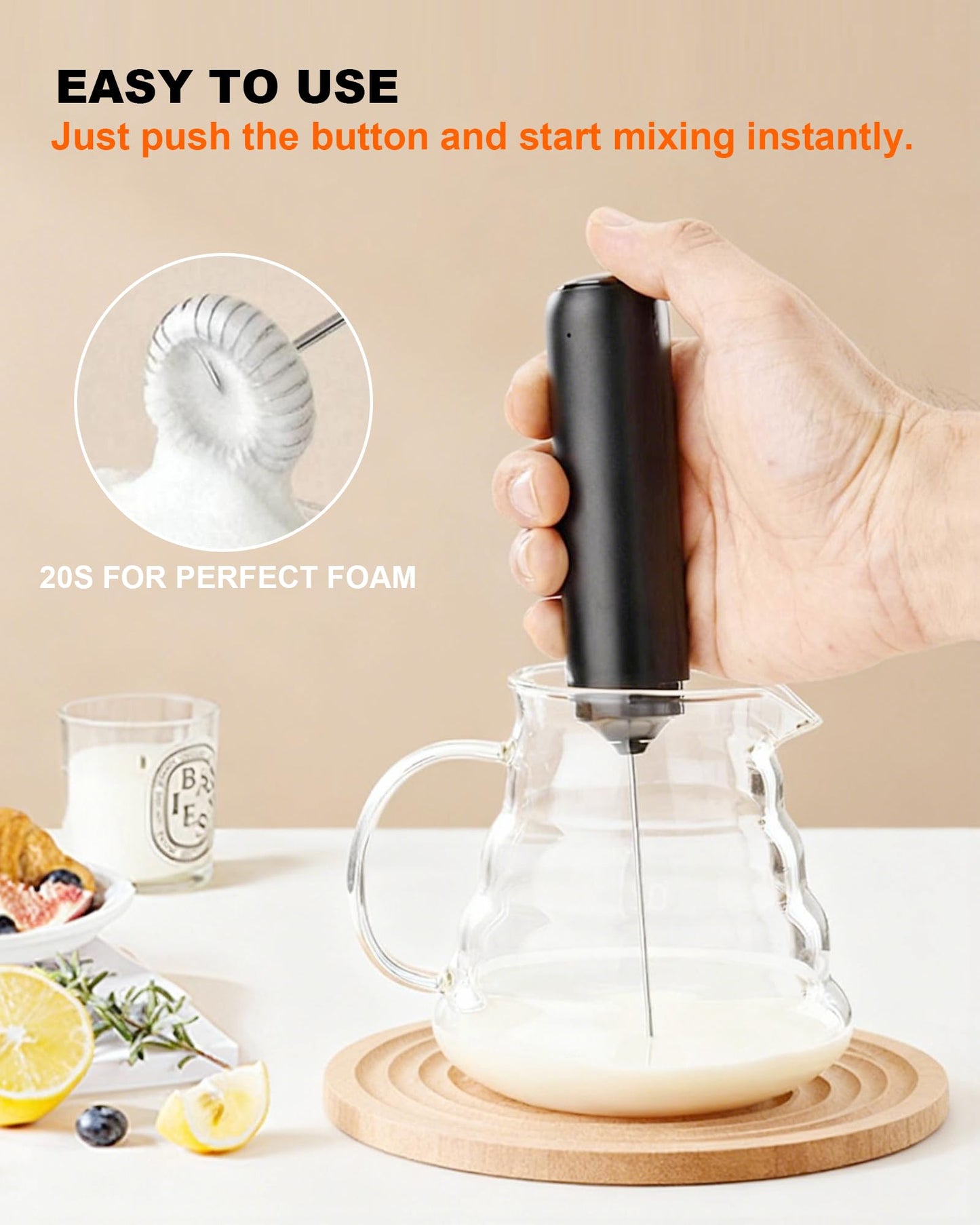 Rechargeable 3-Speed Milk Frother Wand (Black)