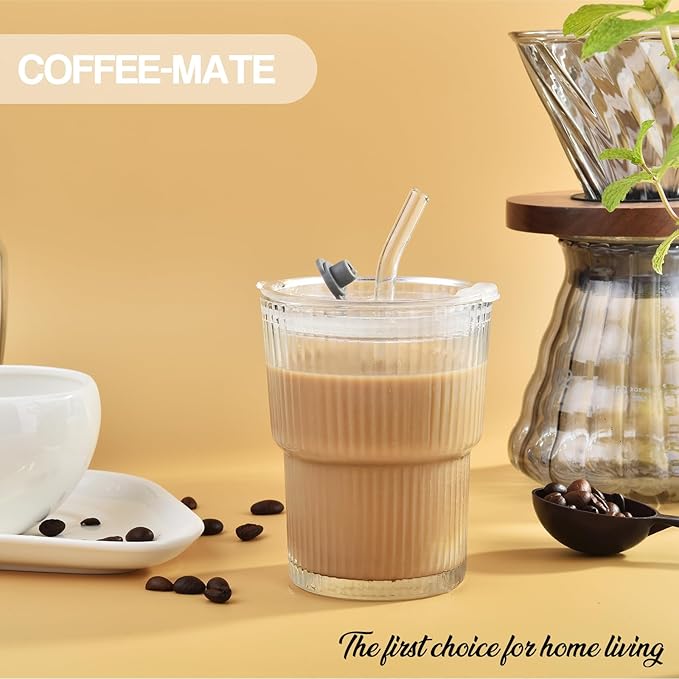 Haundry 14 oz Ribbed Glass cups with Lids and Straws, 2 Pack Iced Coffee Cups, Thickened Glassware Set, Ripple Design Glass Cups for Coffee, Soda, Smoothies, Cocktails and Juice