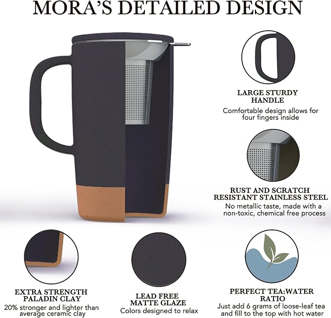 Mora Ceramics Large Tea Mug with Loose Leaf Infuser and Ceramic Lid, 18 oz, Portable, Microwave, Dishwasher Safe, Tall Coffee Cup - Rustic Matte Ceramic Glaze, Modern Herbal Tea Strainer, Nightwaves - Image 2