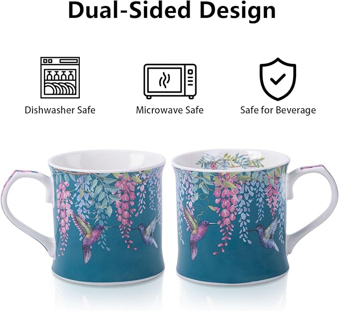 Spring Hummingbird Floral Coffee Mug, 12oz Dark Teal Ceramic Mug with Wisteria and Fluttering Hummingbird, Elegant Gift Mug for Mom, Women & Bird Lovers, Designed in England by Harvest Green Studio - Image 5