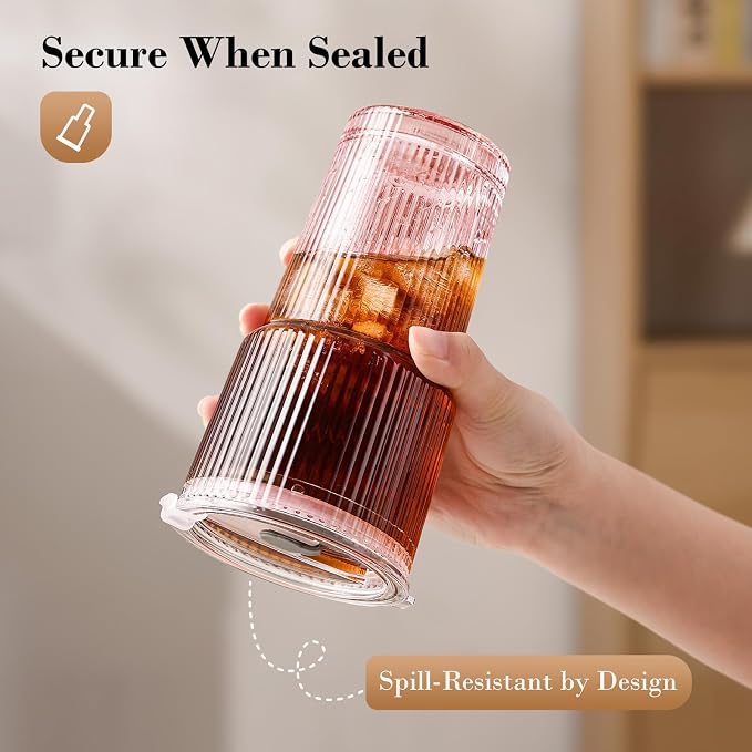 20oz Iced Coffee Cups with Lids, Ribbed Glass Cups with Lids and Straws | Thick Reusable Glass, Leak-Resistant Lids, Fits Most Car Cup Holders, For Iced Coffee, Tea, Smoothies and Cold Drinks - Image 3