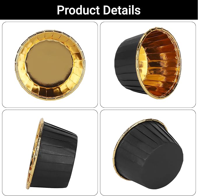 EUSOAR Baking Cups, 200pcs 3.5oz Aluminum Muffin Cupcake Liners Mini Cheesecakes Cups, Disposable Ramekins Foil Dessert Wrappers Paper Cupcake Liners Holder for Birthday Wedding Party-Black/Gold - Image 3