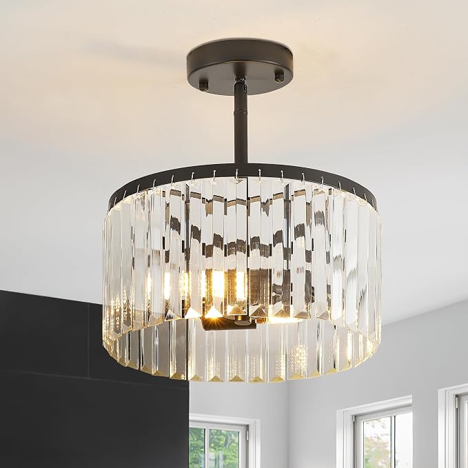 Modern 12" Black Semi Flush Mount Crystal Ceiling Light Fixtures for Dining Room Luxury Glam 2-Light Small Chandeliers Lighting for Bedroom Entryway Hallway Living Room Kitchen Island Foyer - Image 5