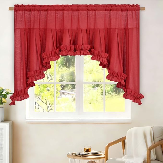 Likiyol Linen Valances for Windows Farmhouse Ruffle Swag Valance Rustic Country Window Valances Light Filtering Kitchen Curtains Rod Pocket Valance Curtains for Bathroom Cafe, Red, 60" W x 36" L - Image 3