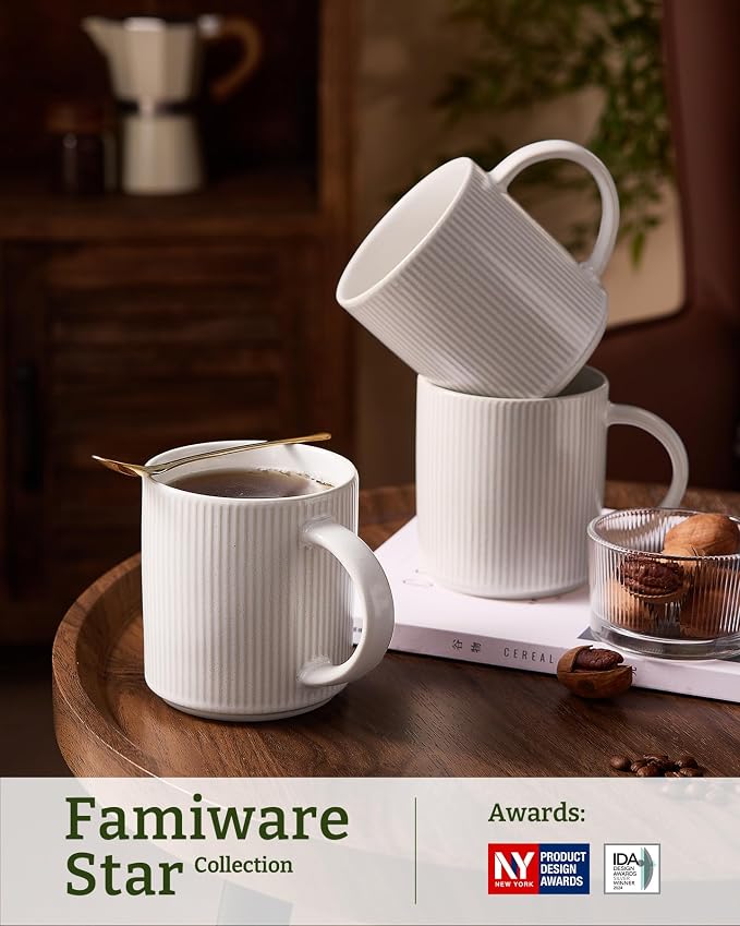 famiware Coffee Mug Set for 8, Star 16 oz Catering Mugs Cup Set with Handle for Coffee, Tea, Cocoa, Milk - Ceramic Stoneware Drinkware Set, Matte White - Image 3