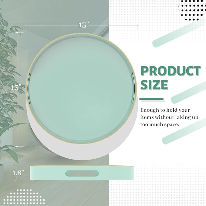MAONAME 13" Mint Green Decorative Tray, Round Serving Tray with Handles | Plastic Decorative Tray for Coffee Table, Modern Ottoman Tray, Circle Tea Tray, Round Melamine Tray for Living Room, Bathroom - Image 2